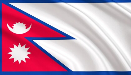 Nepal flag with crimson double triangle, white moon and sun, blue border.