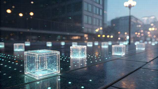 Transparent Cubes with Blue Light on City Sidewalk at Dusk