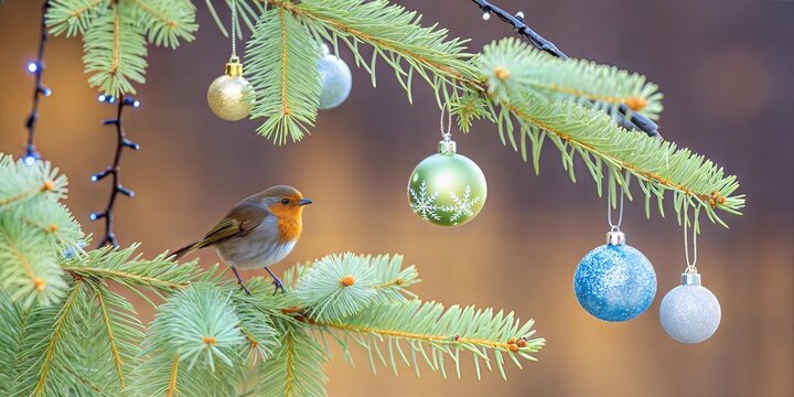 Vibrant bird perched on Christmas tree branches adorned with festive ornaments during holiday season bird, christmas, garland, new year, decor, branches, ornaments, holiday, nature, colorful, festive,