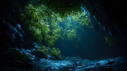 Obraz premium Enigmatic dark cave illuminated by bioluminescent plants glowing in the mysterious underground space