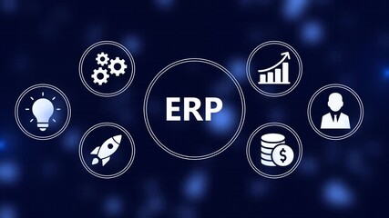 Erp system benefits illustrated with icons and abstract blue background