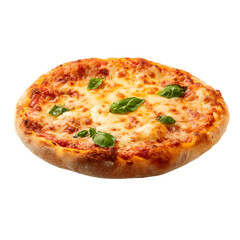 An appetizing freshly baked pizza with melted cheese tomato sauce and fragrant basil leaves ready to be enjoyed on a white background