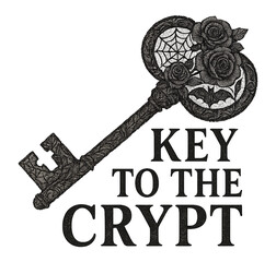 vintage key illustration with lace floral pattern decorated with roses bats and cobwebs in gothic halloween style with phrase key to the crypt on dark background concept of apparel design concept of h