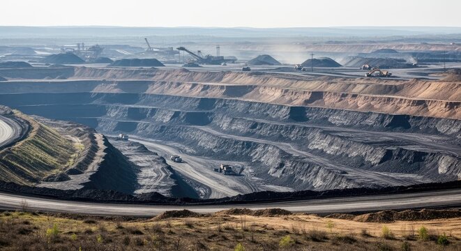 Panoramic view of a massive open-pit coal mine with heavy excavators and trucks, showcasing large-scale resource extraction