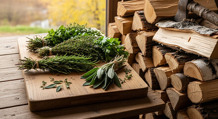 Fresh herbs on a wooden board next to a stack of firewood with an axe in a rustic setting ai generated
