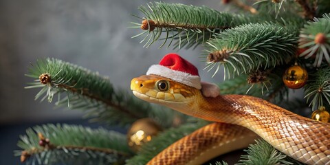 Fototapeta premium Unique Christmas tree decoration featuring a snake wearing a festive hat in dark green tones christmas tree, snake, decoration, holiday, green tones, festive, winter, nature, animal, unusual, golden o