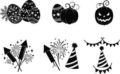 Holiday celebration silhouette set, Easter eggs, Halloween pumpkin, fireworks, party hats, bunting, festive decorations vector illustration, black and white seasonal event design