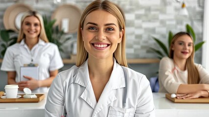 A team of professionals smiles in a stylish clinic, highlighting their commitment to high-quality healthcare services