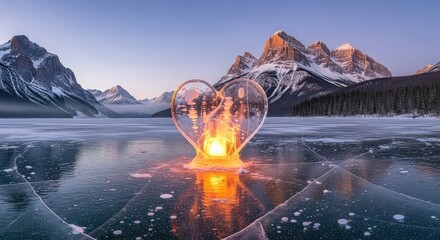Majestic mountain sunrise reflected in frozen lake with intricate ice formations