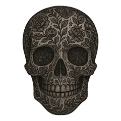 skull illustration with lace floral gothic pattern decorated with roses and cobwebs in halloween style on dark background concept of apparel design concept of holiday decor