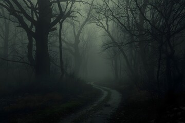 Fototapeta premium Dark scary landscape with a path surrounding by trees and fog.