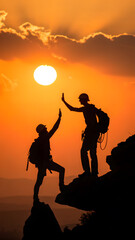 Fototapeta premium Two climbers celebrate reaching summit at sunset climbing
