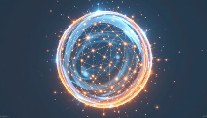 Abstract glowing sphere with connecting lines and bright luminous particles on dark background, futuristic digital design concept
