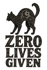 Obraz premium black cat illustration with lace floral pattern decorated with roses pumpkins and crescent moon standing with arched back and gothic halloween phrase zero lives given on dark background