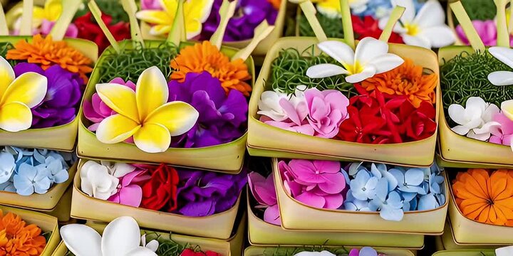 Floral Offerings in Woven Trays Featuring a Variety of Colorful Flowers in Orange Purple Pink Green Blue Red and Yellow a Cultural and Traditional Aesthetic