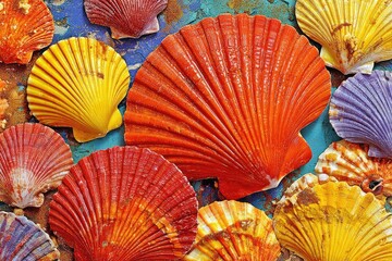 Colorful scallop shells on a textured surface
