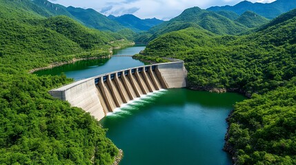 Obraz premium Aerial View of Dam and Lush Green Valley Reservoir