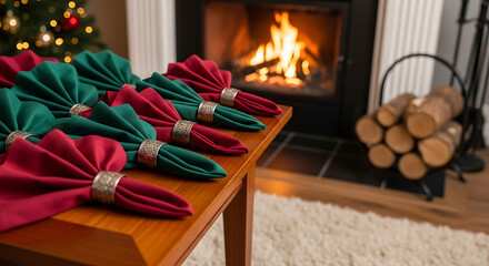 Festive napkins arranged on a wooden table near a fireplace with a christmas tree in background ai generated