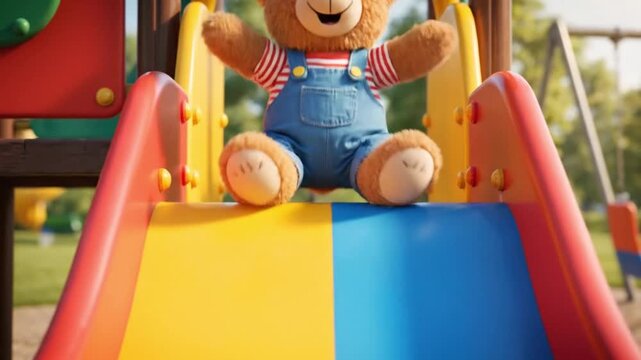 happy teddy bear on colorful playground slide