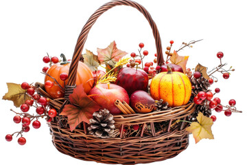 A vibrant harvest basket brimming with pumpkins, apples, and autumn leaves, celebrating the essence of fall festivities isolated on transparent background