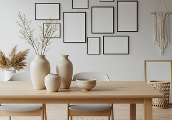 Modern Dining Room Interior with Wooden Table Vases and Gallery Wall Decoration Creating a Minimalist Aesthetic