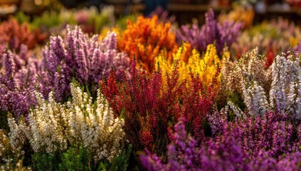 Colorful heather display.  A vibrant collection of  heather flowers in various shades of orange, pink, purple, yellow, and white.  Close-up view of bunches