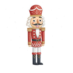 Obraz premium Nutcracker figure standing upright against a white background for festive decor nutcracker, festive decor, holiday figure, traditional toy, red uniform, decorative object, christmas decoration, wooden