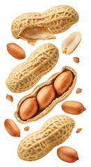 Close-up of peanuts in shell and shelled peanuts isolated on white background, perfect for cooking and healthy snack concepts