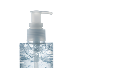 Clear hand sanitizer gel bottle with pump dispenser isolated on white background, perfect for health and hygiene visuals