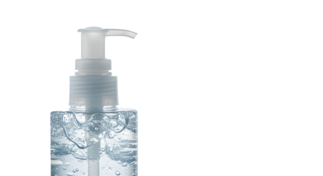 Clear hand sanitizer gel bottle with pump dispenser isolated on white background, perfect for health and hygiene visuals
