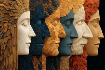 A row of human profiles carved from different materials, representing diversity. A concept for humanity, culture, and the variety of human identity.
