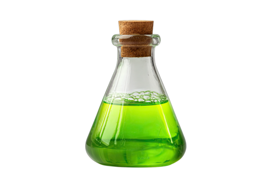 Chemical flask with green solution, isolated on white background