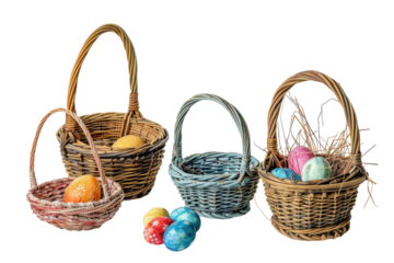 Colorful Easter baskets filled with hand-painted eggs arranged artistically against a bright, clean background isolated on transparent background