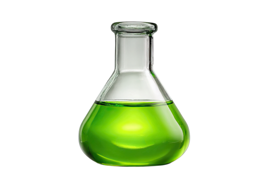 Chemical flask with green solution, isolated on white background