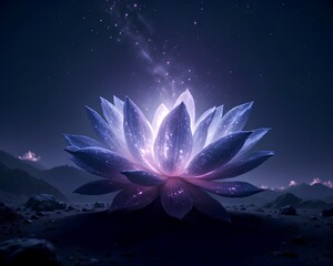 A magnificent, glowing cosmic lotus flower releasing stardust into the night sky. A concept of spiritual awakening, creation, and universal energy.
