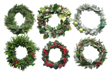 Festive wreaths showcasing diverse natural elements arranged in a creative display for the holiday season at a cozy indoor setting isolated on transparent background
