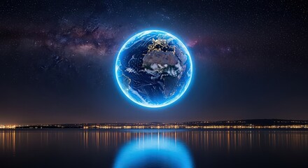 Earth glows neon blue horizon city lights reflecting water cosmic space stars