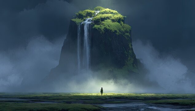 Dramatic Landscape A solitary figure stands before a misty waterfall mountain. - Powered by Adobe