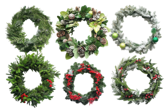 Festive wreaths showcasing diverse natural elements arranged in a creative display for the holiday season at a cozy indoor setting isolated on transparent background