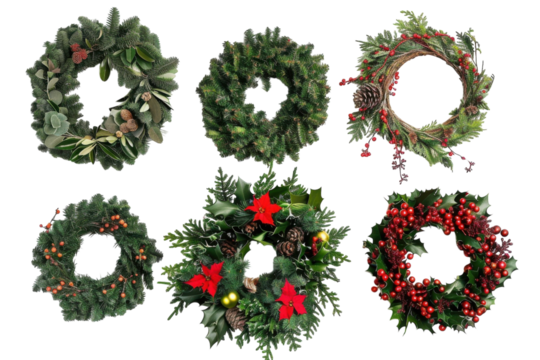 Beautifully crafted Christmas wreaths displayed on a white background, showcasing nature's charm during the festive season isolated on transparent background