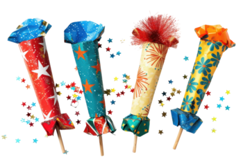 Festive party poppers adorned with stars and colorful patterns ready to celebrate New Year's Eve with joy and excitement isolated on transparent background