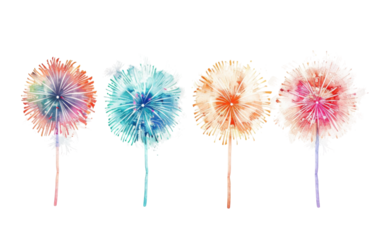 Vibrant watercolor dandelion illustrations evoke a whimsical garden atmosphere with shades of blue, orange, and pink in a delightful arrangement isolated on transparent background