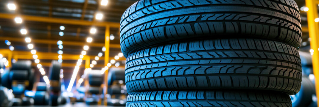 New car tires stacked in a storage facility Generative AI