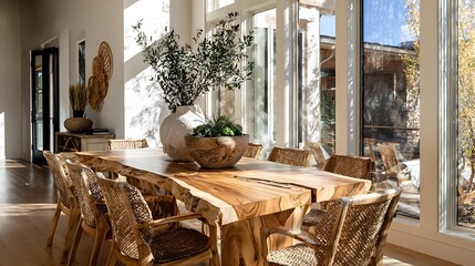 Spacious modern dining area featuring a natural wood table and woven chairs, bathed in sunlight with greenery decor.