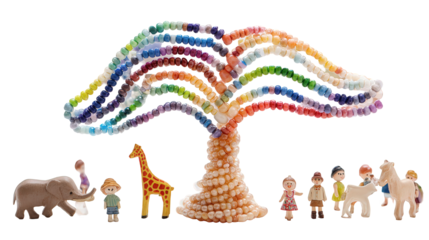 Whimsical Rainbow Beaded Tree with Miniature Animal and Child Figures