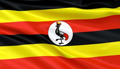 Uganda flag with six horizontal stripes and central crowned crane in white disc.