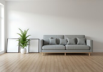 Modern Living Room Interior with Gray Sofa Fern Plant and Blank Frames for Wall Art Minimalist Home Decor