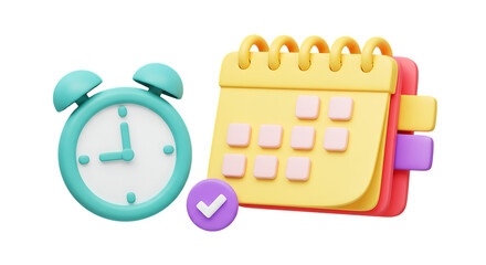 Teal alarm clock and calendar with checkmark isolated on a transparent background time planning