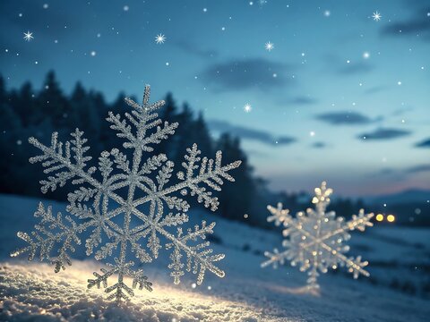 Glowing snowflake decorations illuminate a snowy winter night landscape - Powered by Adobe