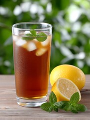 Fototapeta premium Refreshing iced tea with lemon and mint served on a wooden table